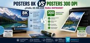 Infografía sobre la diferencia entre posters 8K y archivos a 300 DPI para impresión de posters en gran formato