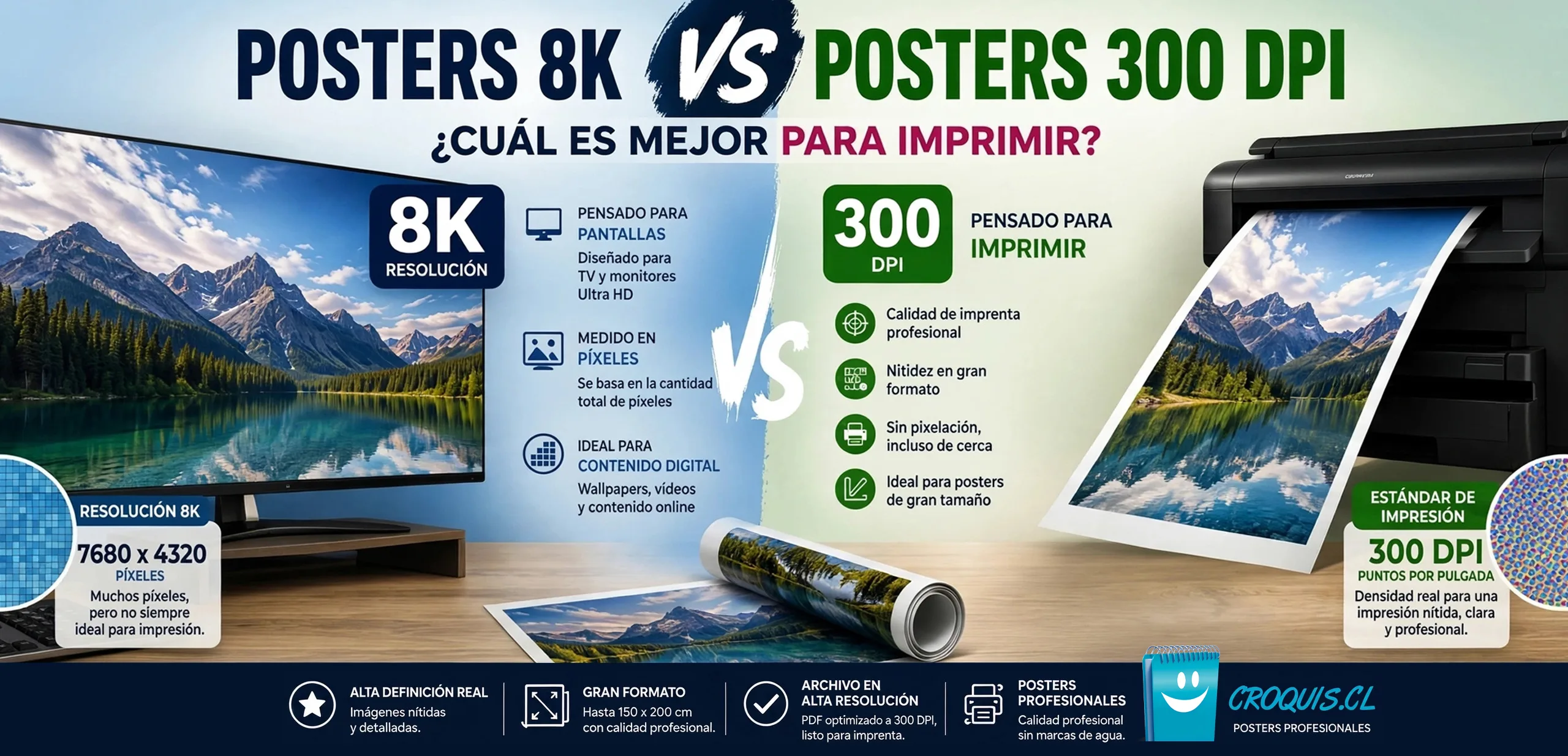 Infografía sobre la diferencia entre posters 8K y archivos a 300 DPI para impresión de posters en gran formato