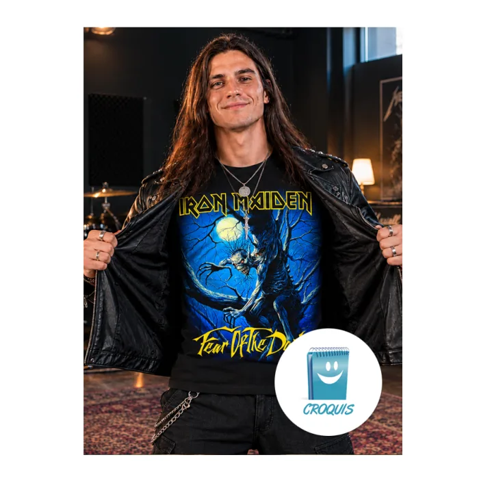 Diseño de polera iron Maiden fear of the dark, diseño de camiseta, diseño iron Maiden fear of the dark para imprimir en poleras o camisetas, descargar diseño DTF y Sublimación, diseño profesionales para imprimir poleras, diseño iron Maiden para polera, diseño png para poleras